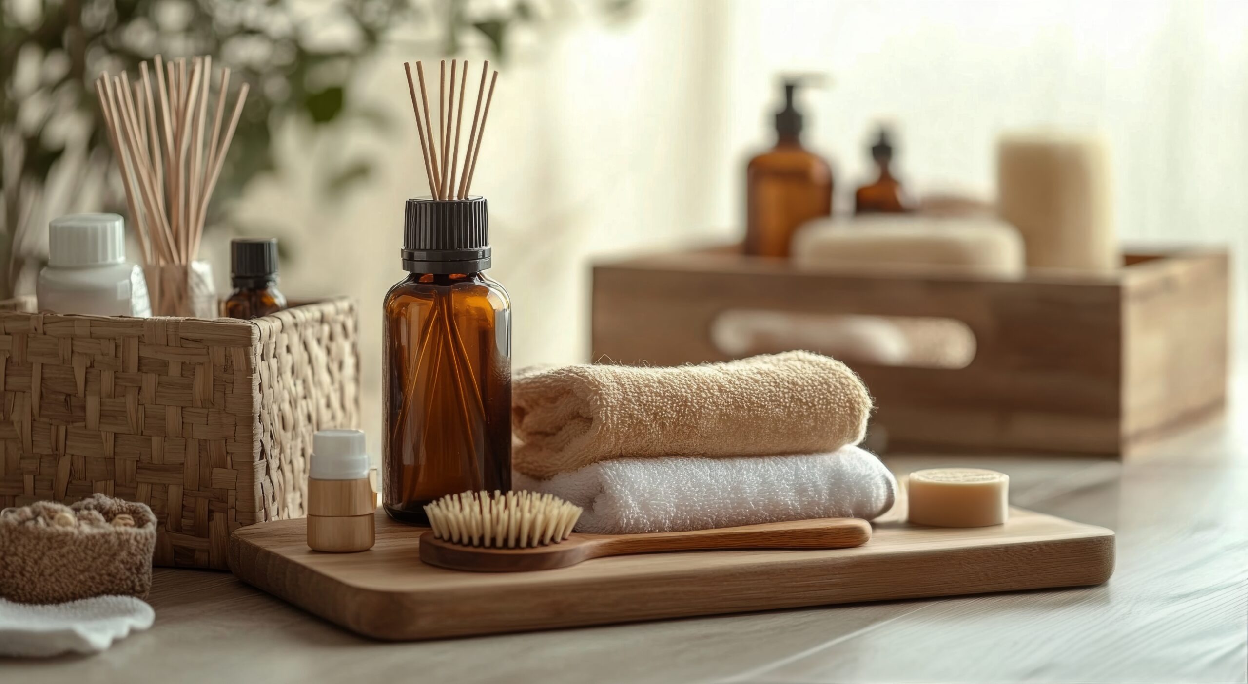 A clean, serene arrangement of towels, essential oils, and natural spa products creates a calming atmosphere. The wooden surface enhances the tranquil vibe, perfect for self-care moments.